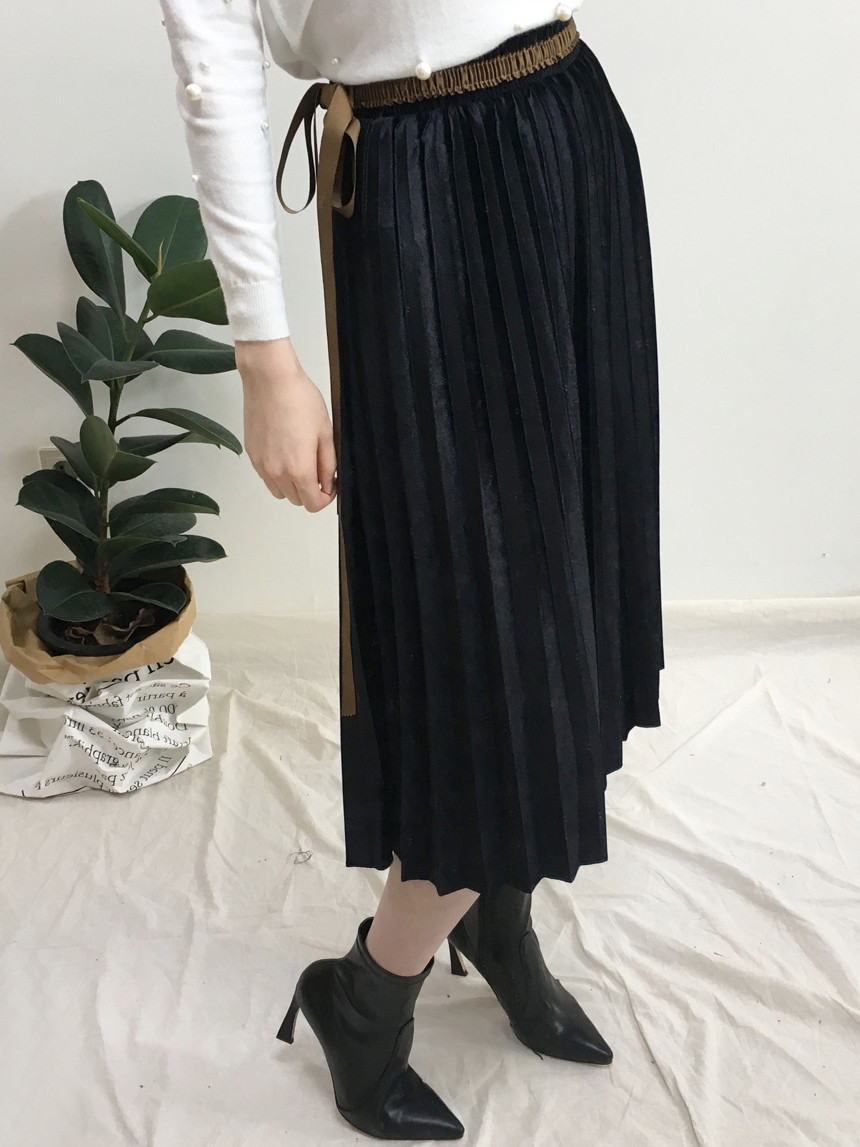 Velvet Pleated Long Skirt Autumn Banding A-Line Pl
