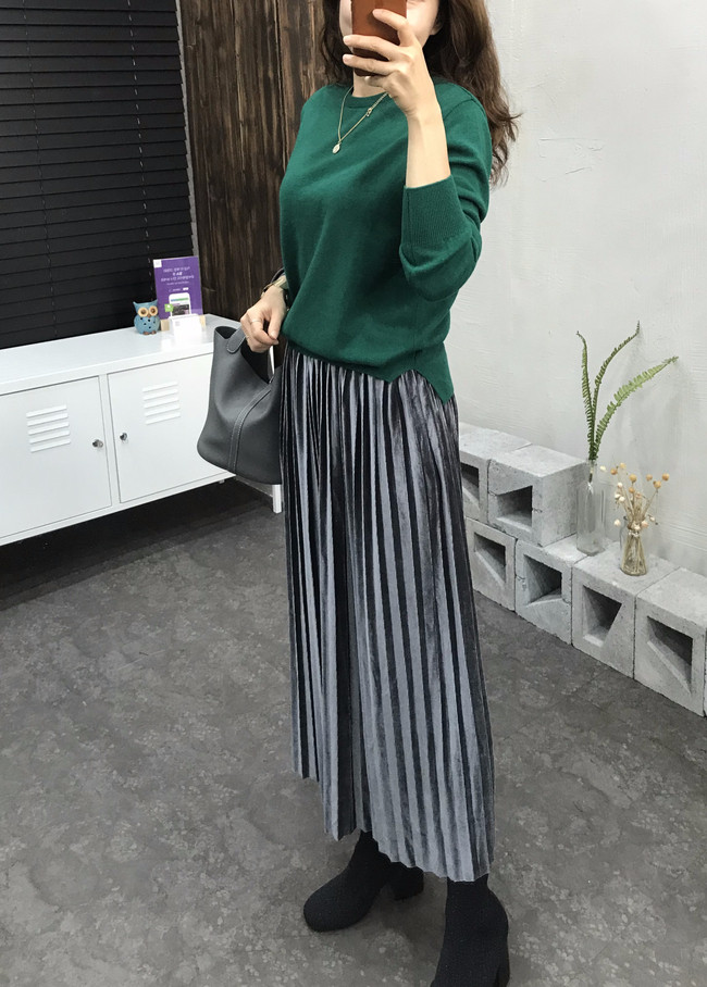 Velvet bending pleats long skirt 4 color 30s women
