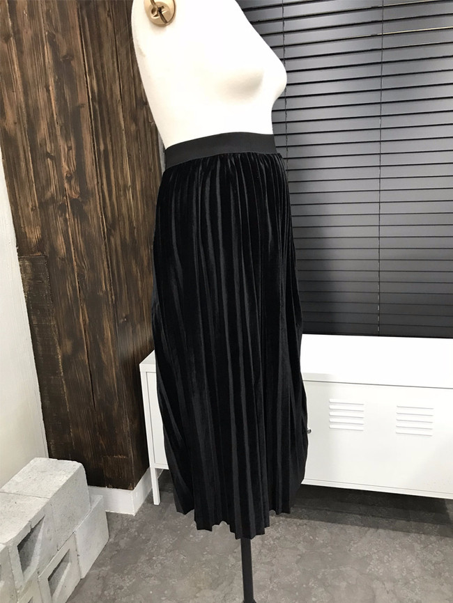 Velvet bending pleats long skirt 4 color 30s women
