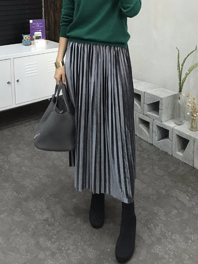 Velvet bending pleats long skirt 4 color 30s women