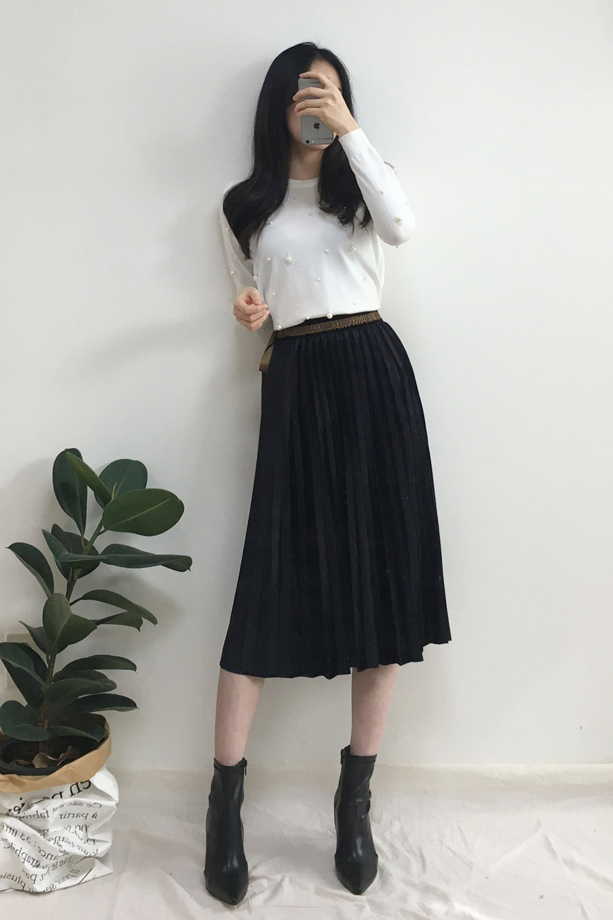 Velvet Pleated Long Skirt Autumn Banding A-Line Pl
