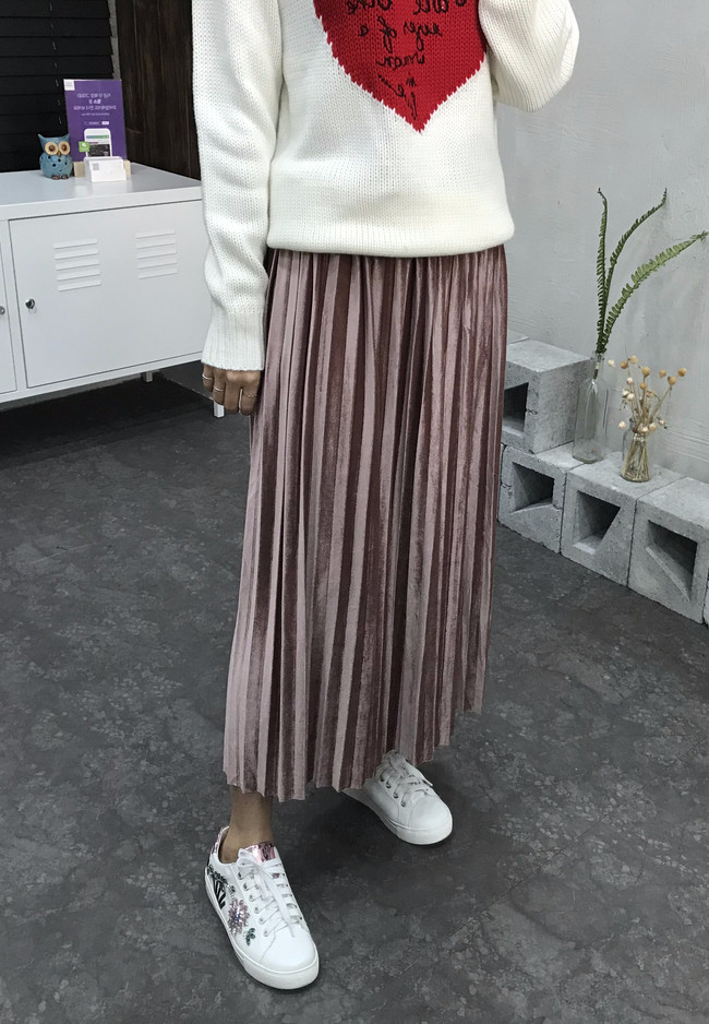Velvet bending pleats long skirt 4 color 30s women