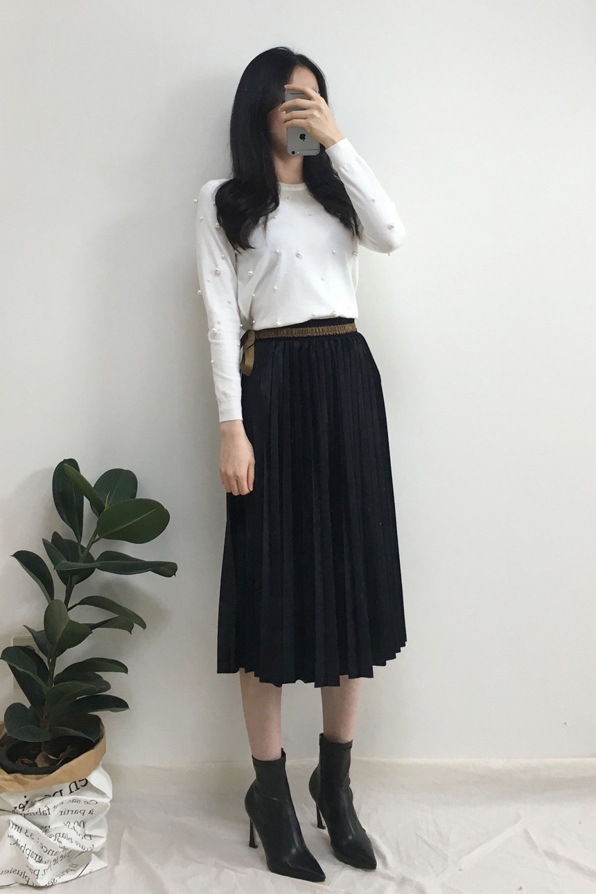 Velvet Pleated Long Skirt Autumn Banding A-Line Pl