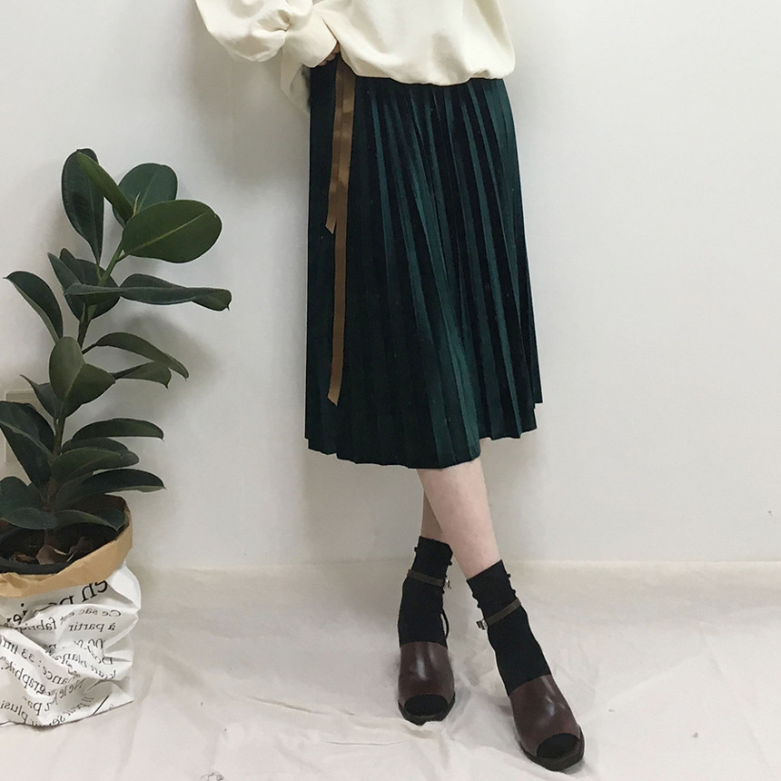 Velvet Pleated Long Skirt Autumn Banding A-Line Pl
