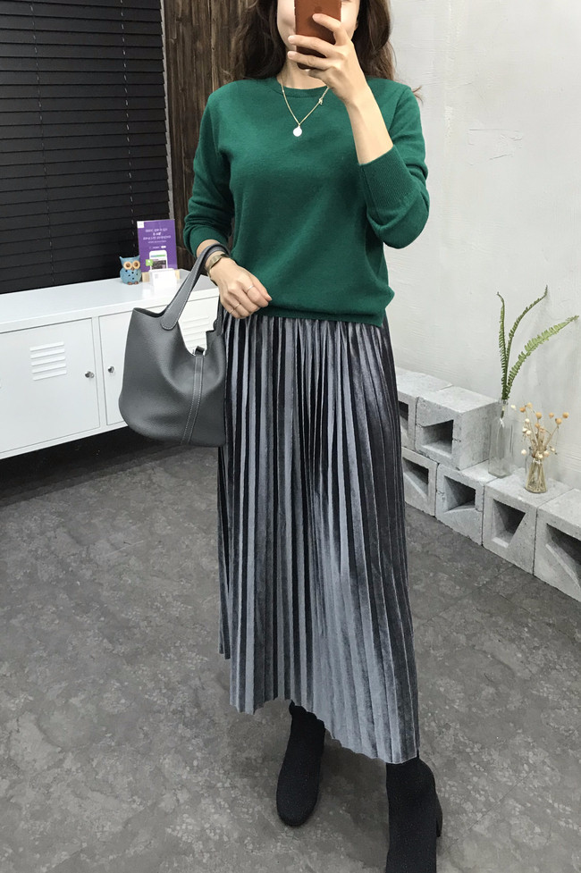 Velvet bending pleats long skirt 4 color 30s women