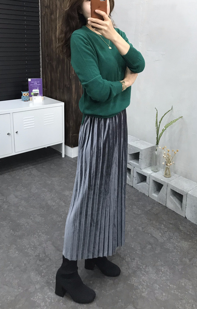 Velvet bending pleats long skirt 4 color 30s women