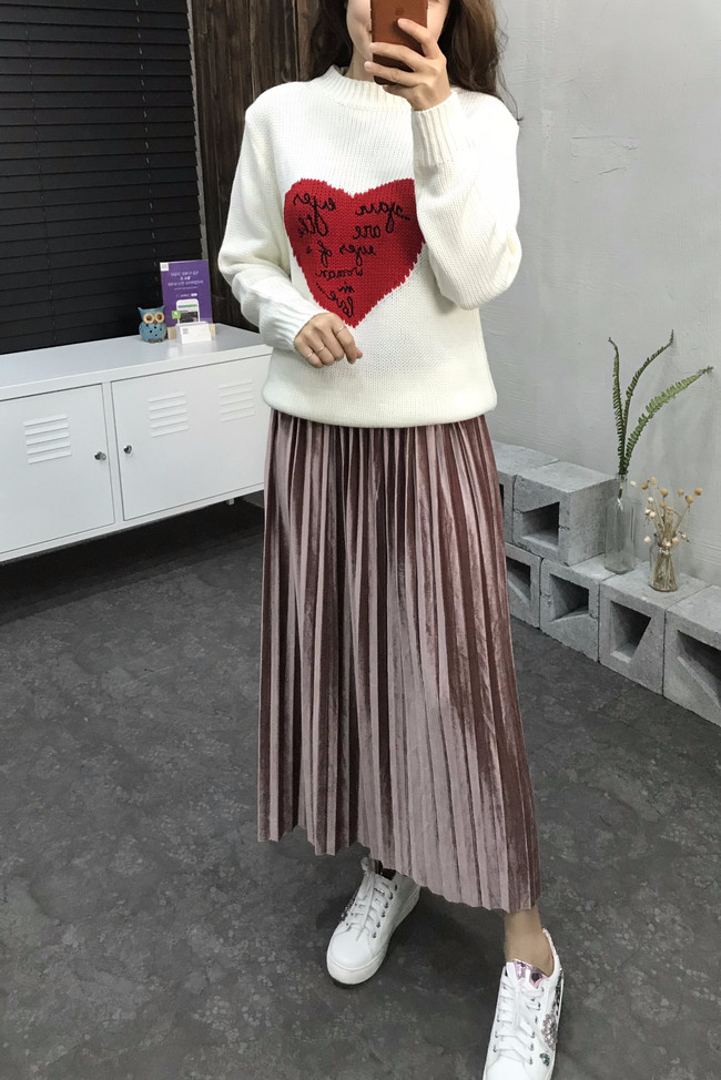 Velvet bending pleats long skirt 4 color 30s women