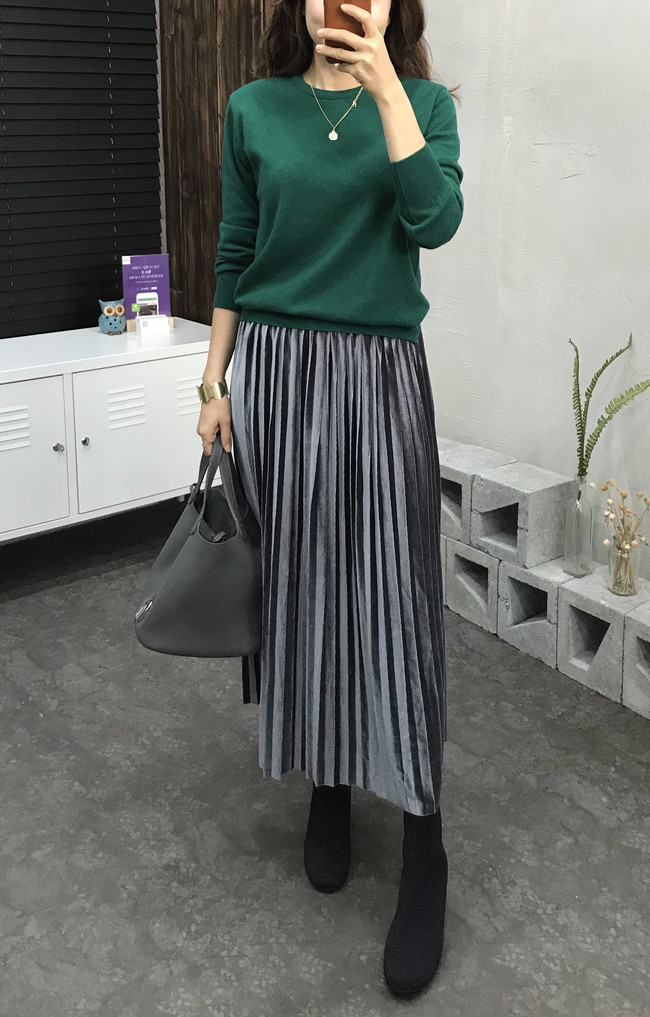 Velvet bending pleats long skirt 4 color 30s women