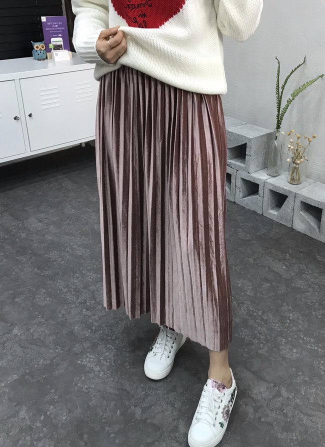 Velvet bending pleats long skirt 4 color 30s women