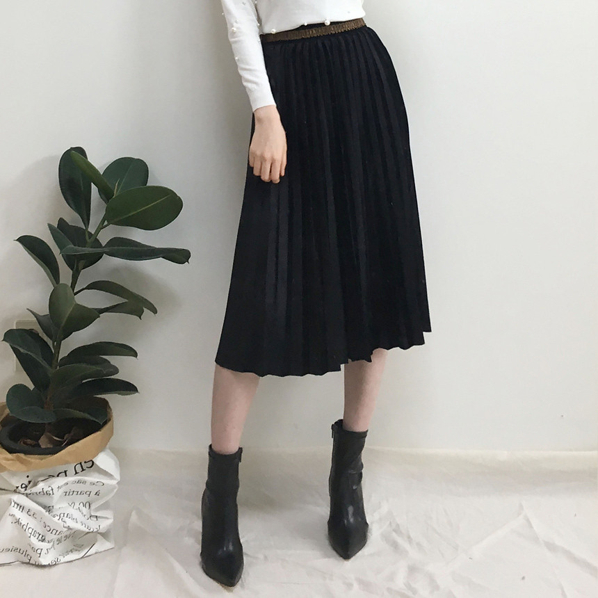 Velvet Pleated Long Skirt Autumn Banding A-Line Pl
