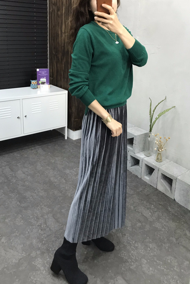 Velvet bending pleats long skirt 4 color 30s women
