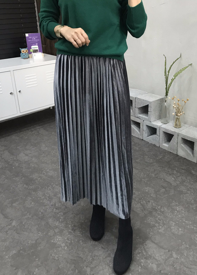 Velvet bending pleats long skirt 4 color 30s women