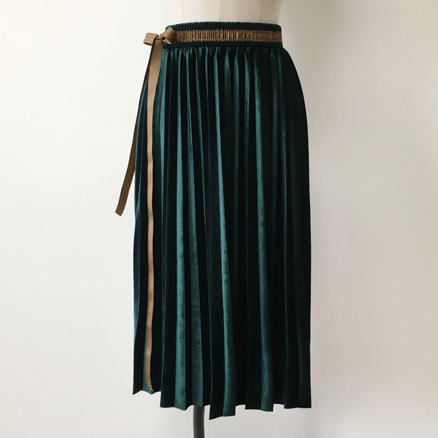Velvet Pleated Long Skirt Autumn Banding A-Line Pl