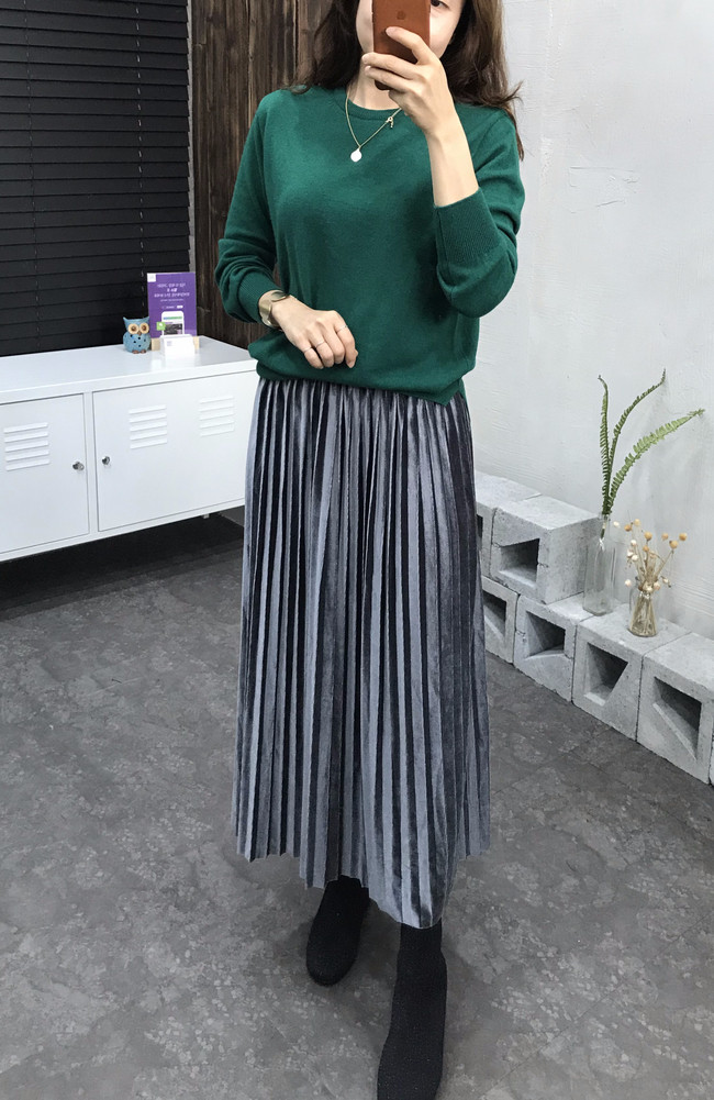 Velvet bending pleats long skirt 4 color 30s women