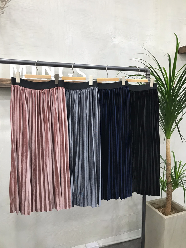 Velvet bending pleats long skirt 4 color 30s women