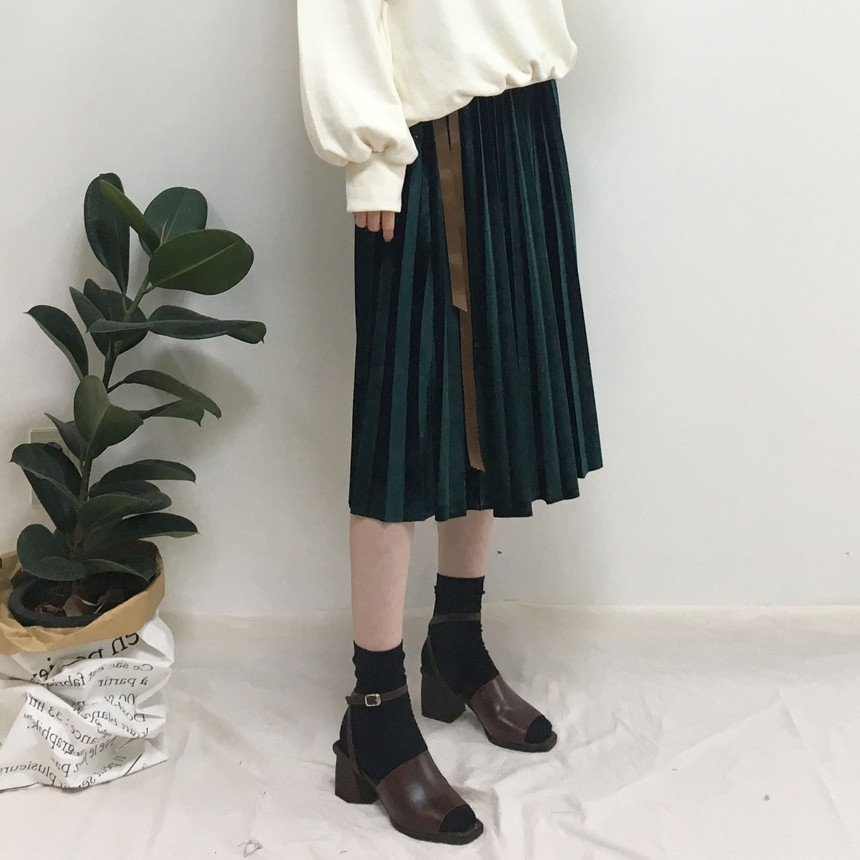 Velvet Pleated Long Skirt Autumn Banding A-Line Pl