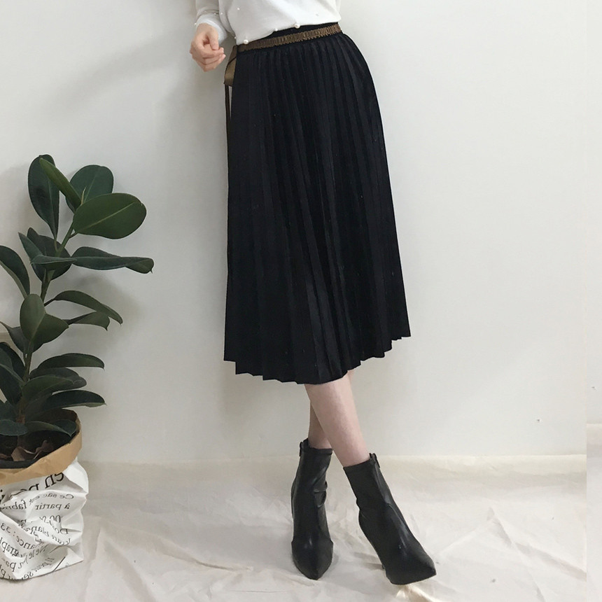 Velvet Pleated Long Skirt Autumn Banding A-Line Pl