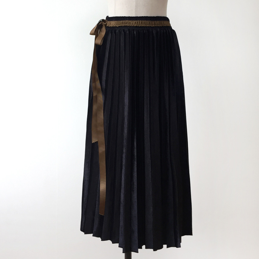 Velvet Pleated Long Skirt Autumn Banding A-Line Pl