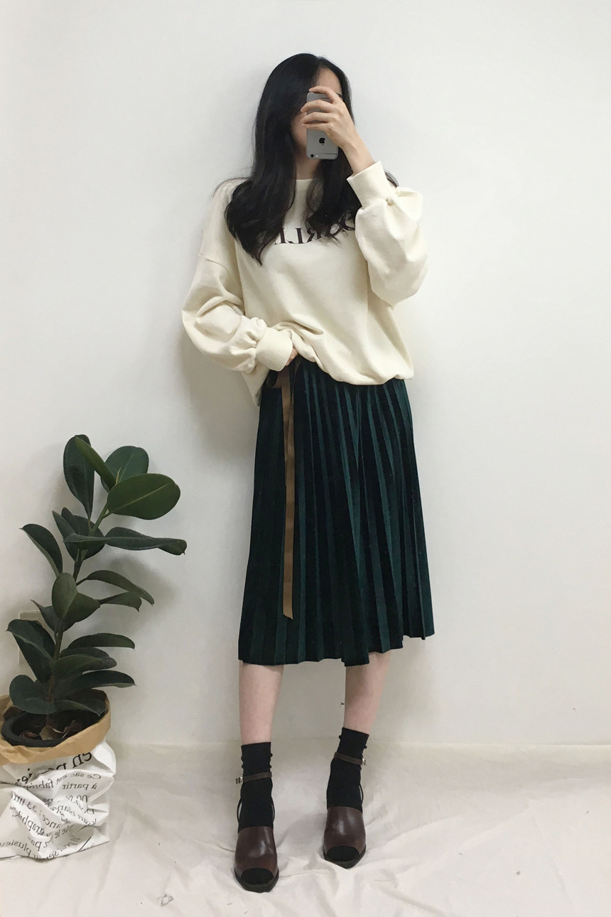 Velvet Pleated Long Skirt Autumn Banding A-Line Pl