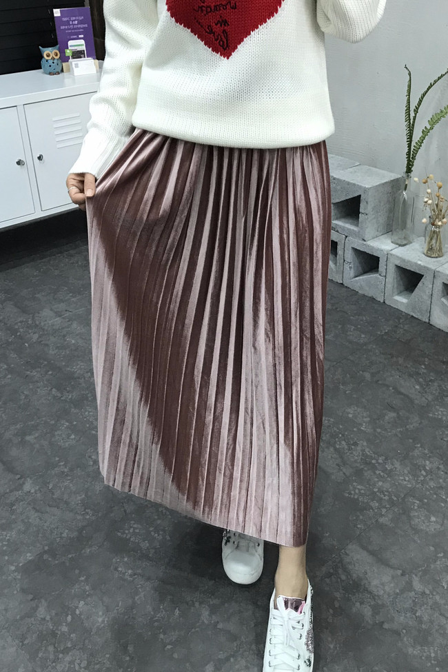 Velvet bending pleats long skirt 4 color 30s women