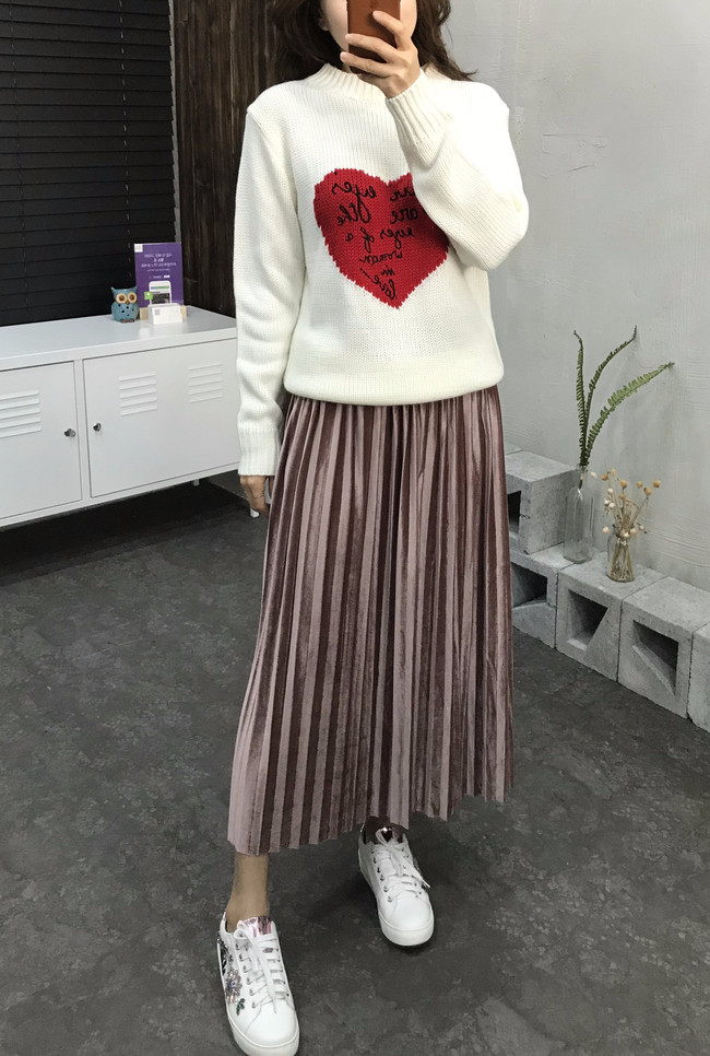 Velvet bending pleats long skirt 4 color 30s women