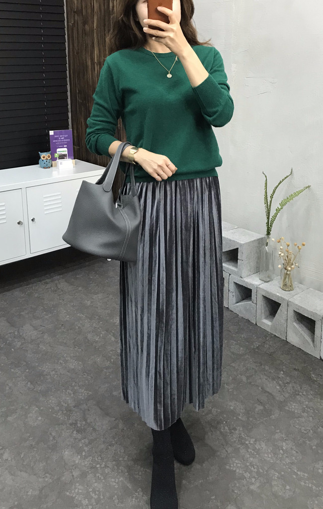 Velvet bending pleats long skirt 4 color 30s women