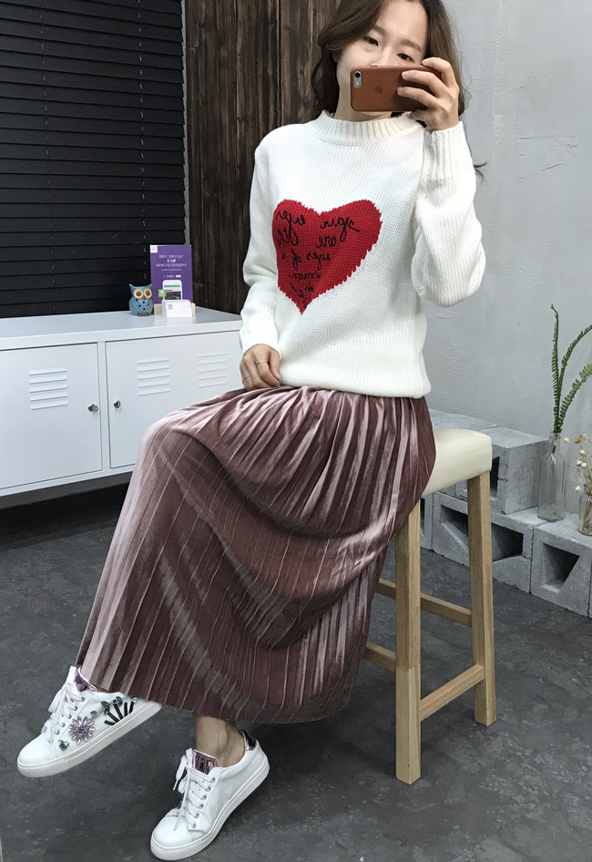 Velvet bending pleats long skirt 4 color 30s women