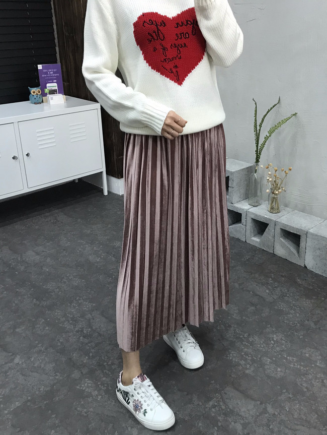 Velvet bending pleats long skirt 4 color 30s women