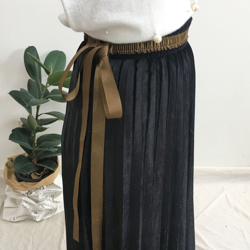 Velvet Pleated Long Skirt Autumn Banding A-Line Pl