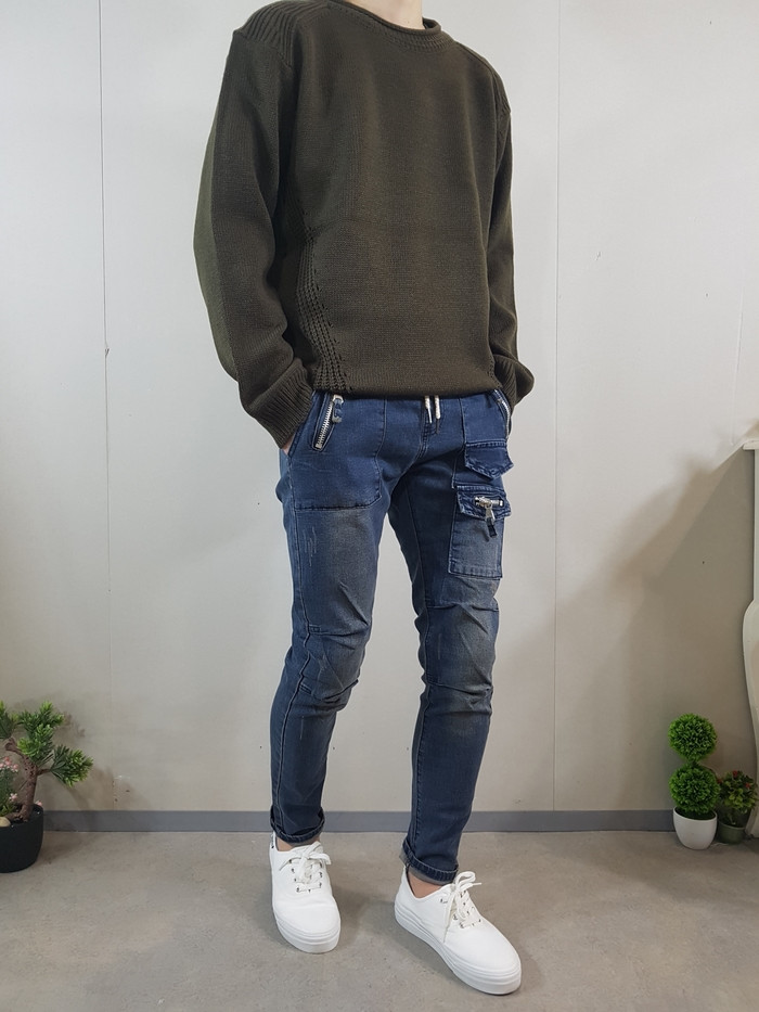 Korea Jeans Pants Men's 10 front zipper cargo j