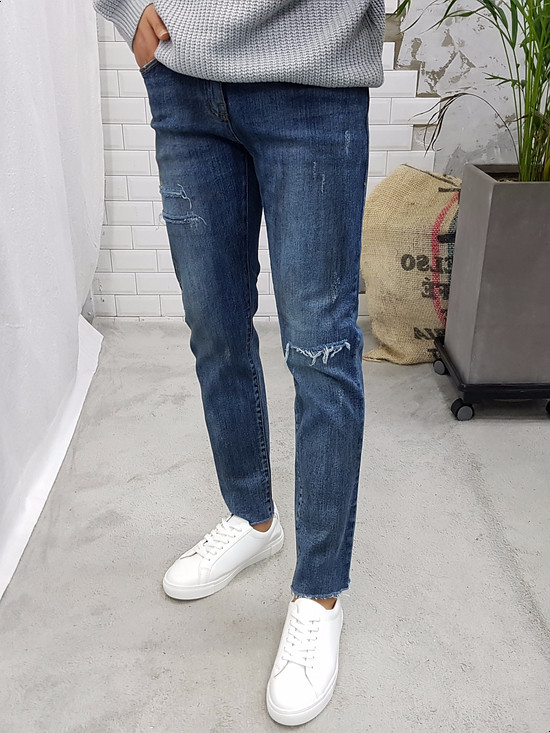 Korea Jeans Pants Men's Latex Hem Cut Jeans Jea