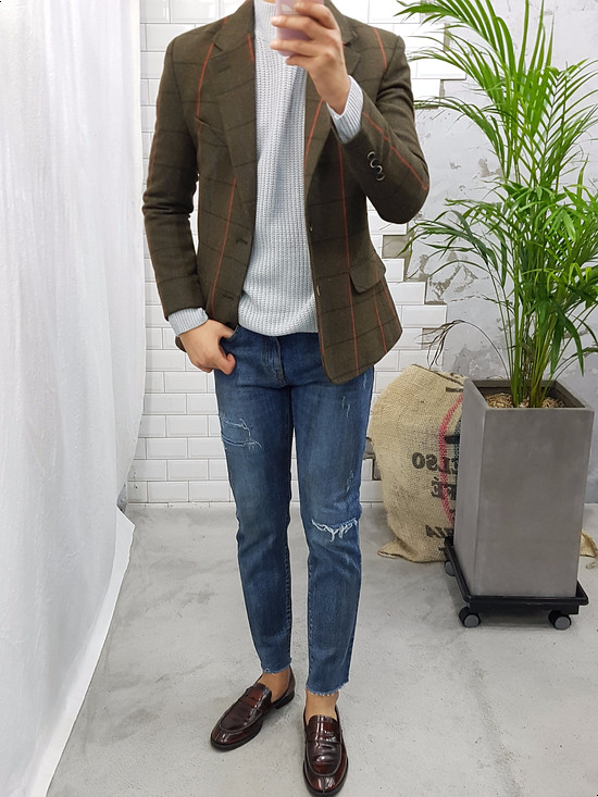 Korea Jeans Pants Men's Latex Hem Cut Jeans Jea