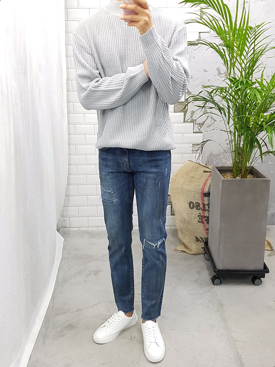 Korea Jeans Pants Men's Latex Hem Cut Jeans Jea