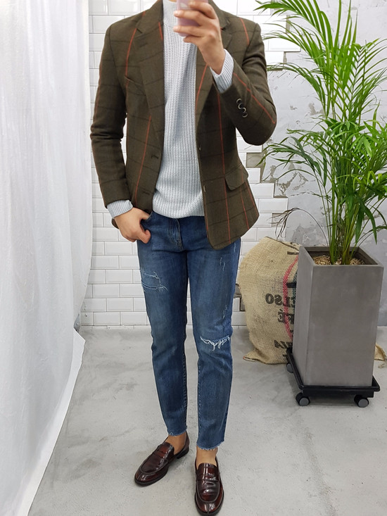 Korea Jeans Pants Men's Latex Hem Cut Jeans Jea