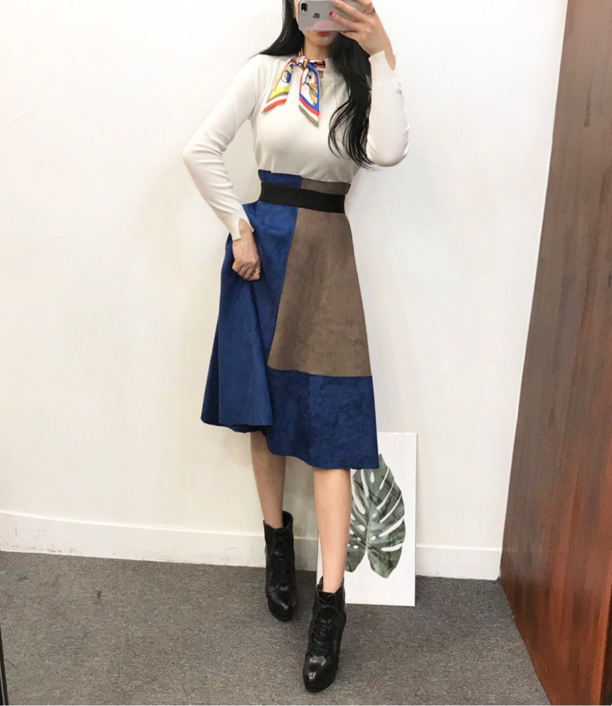 Suede color long skirt banding autumn coordination