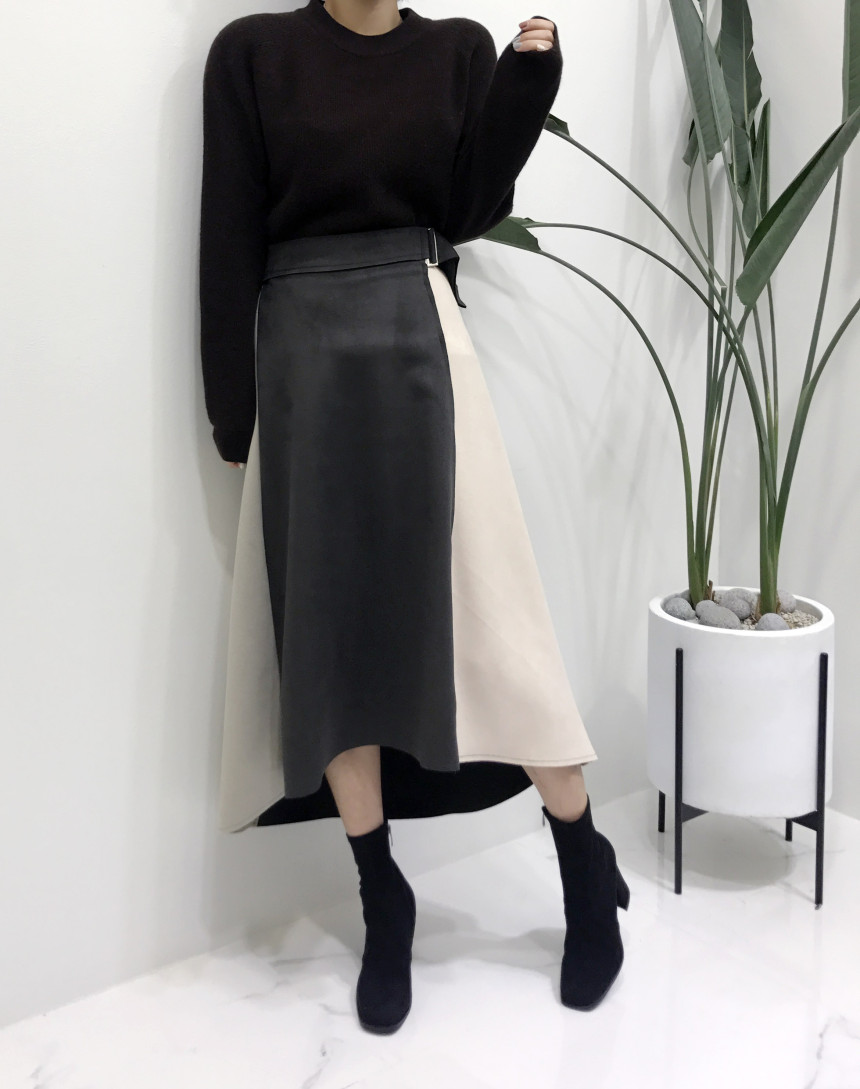 Suede color belted long skirt 2color modern basic 