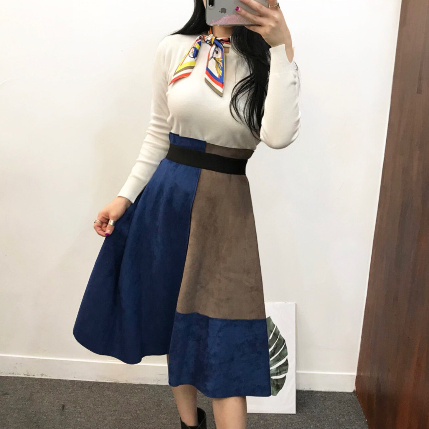 Suede color long skirt banding autumn coordination