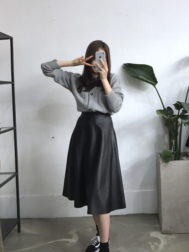 Leather flare Long skirt Autumn girl Frill Leja Hi