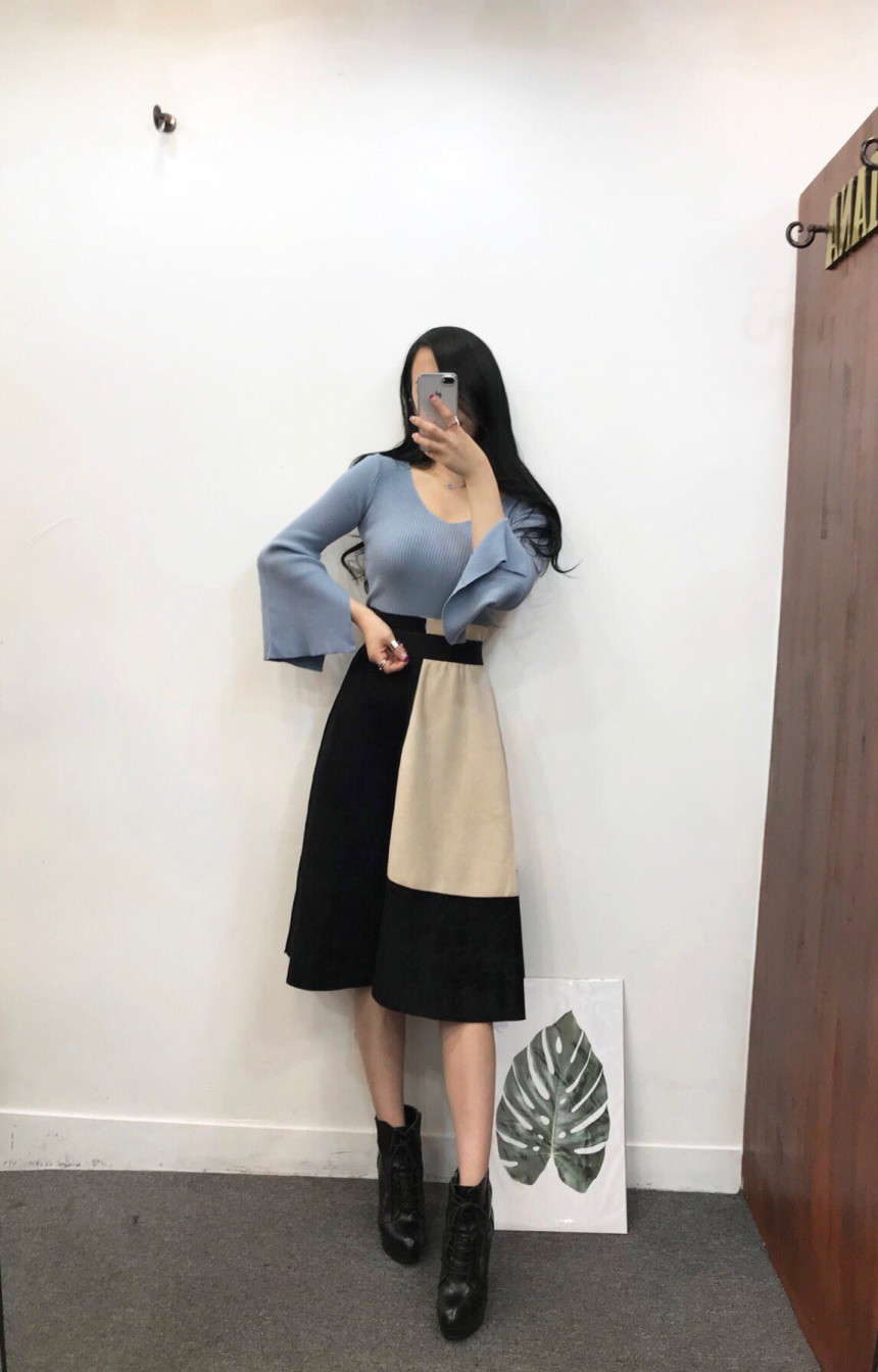 Suede color long skirt banding autumn coordination