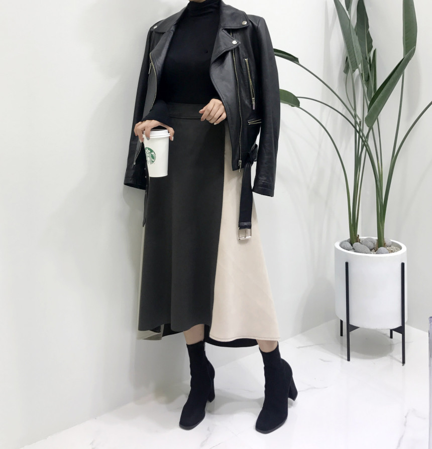 Suede color belted long skirt 2color modern basic 