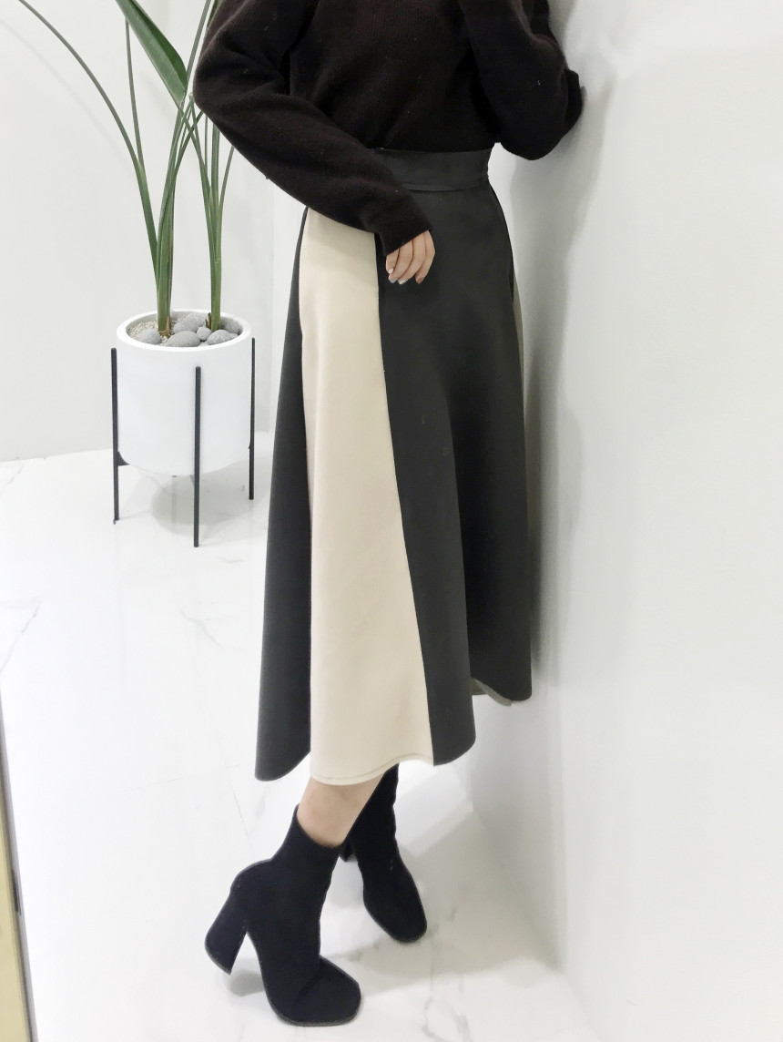 Suede color belted long skirt 2color modern basic 