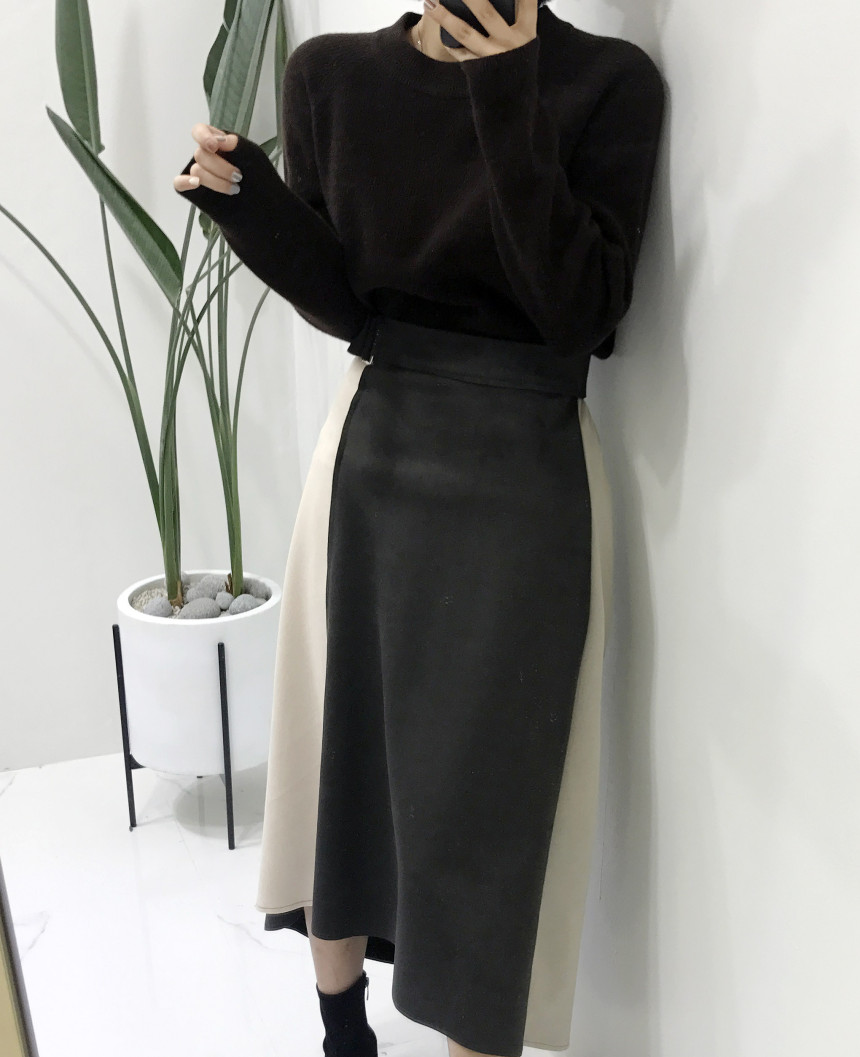 Suede color belted long skirt 2color modern basic 