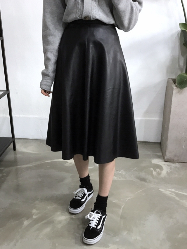 Leather flare Long skirt Autumn girl Frill Leja Hi