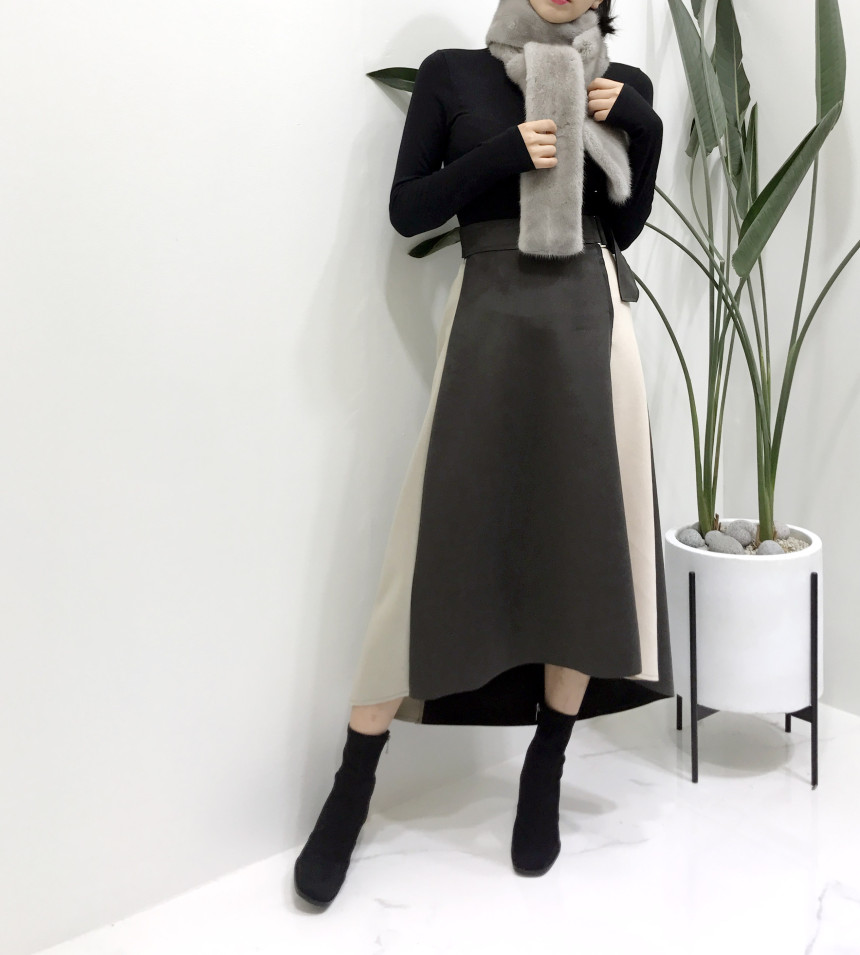 Suede color belted long skirt 2color modern basic 