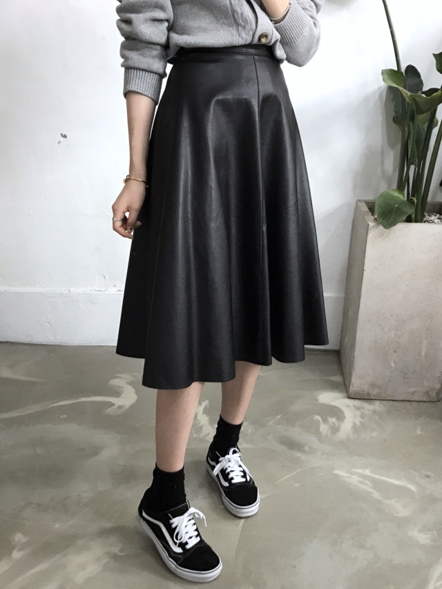 Leather flare Long skirt Autumn girl Frill Leja Hi