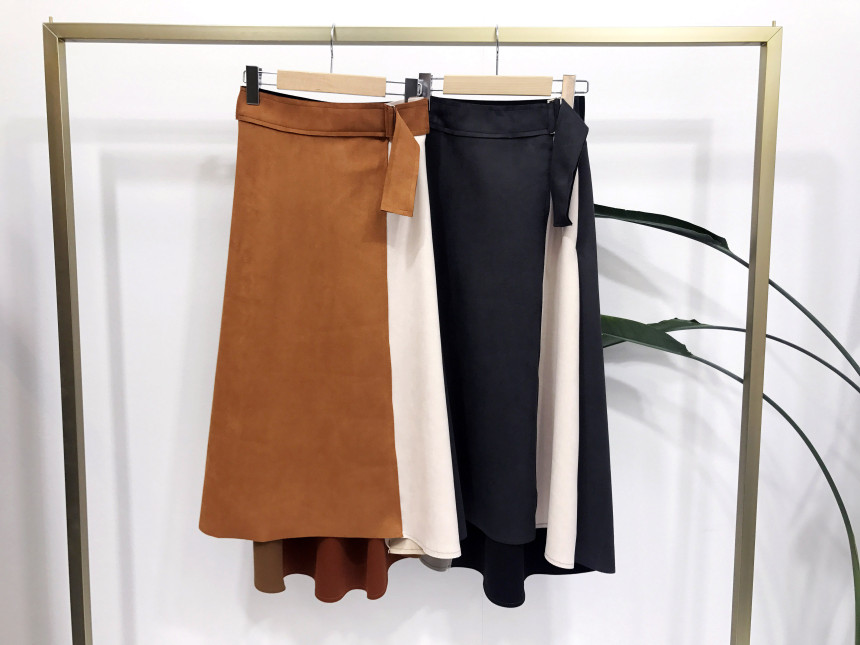 Suede color belted long skirt 2color modern basic 