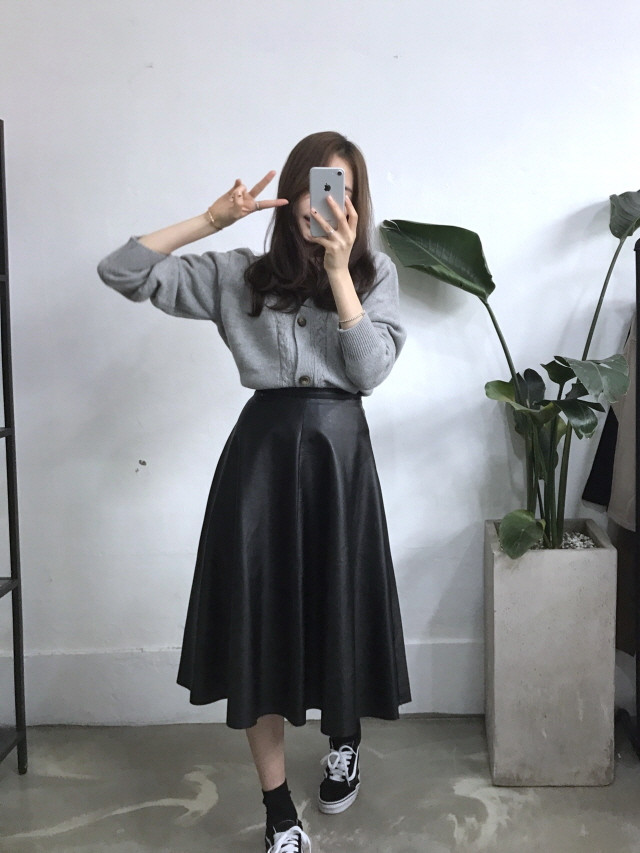 Leather flare Long skirt Autumn girl Frill Leja Hi