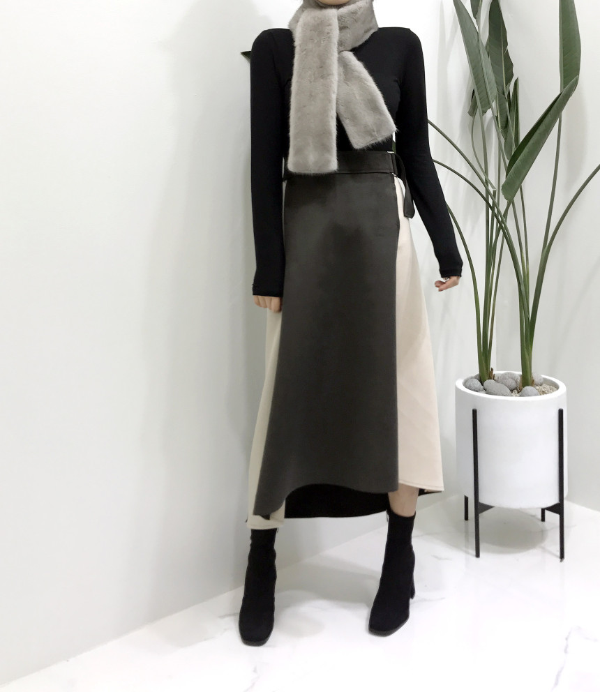 Suede color belted long skirt 2color modern basic 