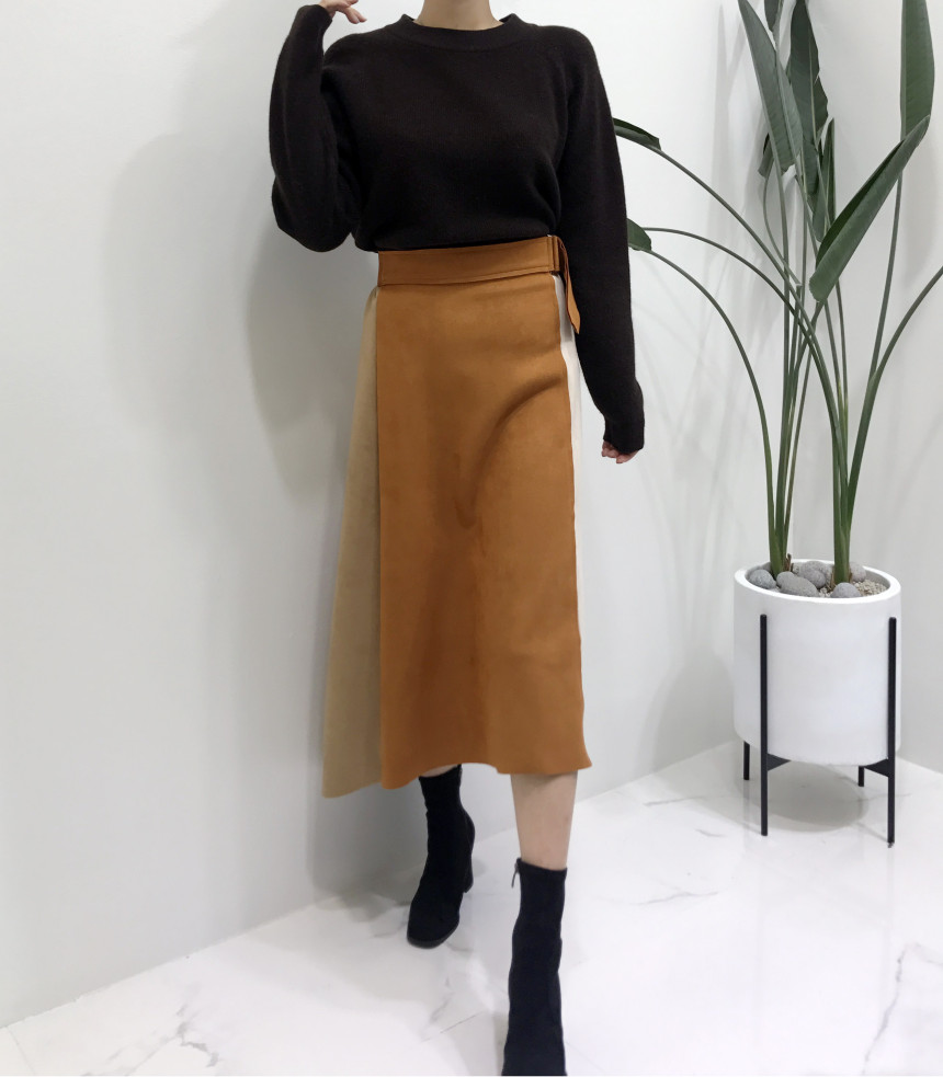 Suede color belted long skirt 2color modern basic 