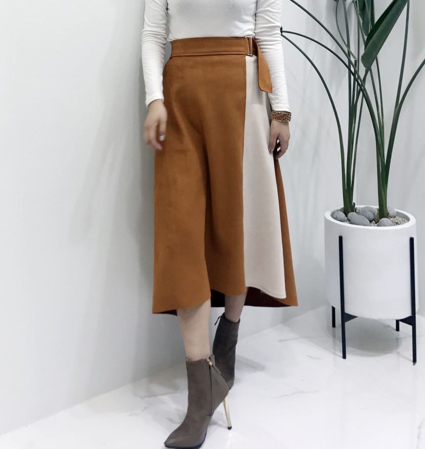 Suede color belted long skirt 2color modern basic 
